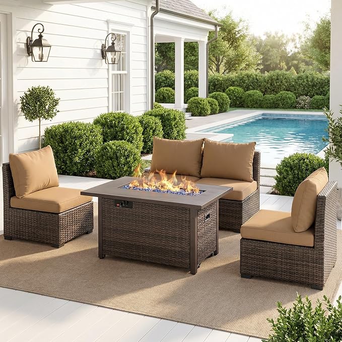 Patio Furniture Set with Fire Pit Table, Outdoor Sectional Rattan Sofa Set, Patio Set Seating Furniture with Thickened Cushions (Beige, 5 Pieces)