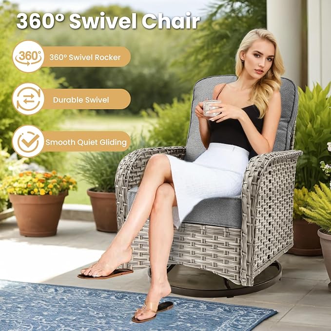HOOOWOOO 8 Pieces Patio Furniture Set,L Shaped Outdoor Sectional Couch with Swivel Chiars Solar Table, PE Wicker All Weather Outside Conversation Sofa Ottoman Set,Charcoal Gray