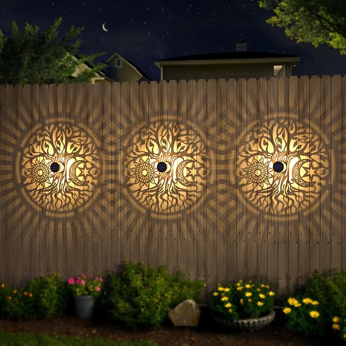 4 Pack Large Solar Fence Lights Metal Solar Powered Outdoor Wall Deck Step Lights Tree Theme Waterproof Fence Light for Garden Post Patio Backyard Yard Decor, Gardening Gifts for Women Mom Grandma