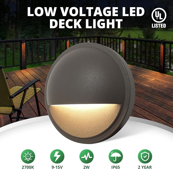 Low Voltage LED Deck Lights, 12V AC/DC Landscape Step Railing Fence Light, 2W 2700K Accent Lighting Fixture, Die-cast Aluminum, Dark Brown, 6-Pack