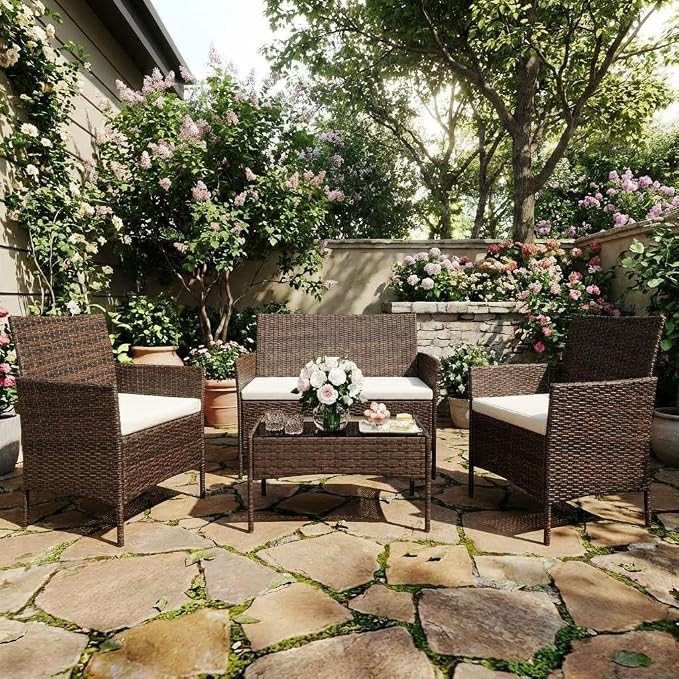 4-Piece Patio Furniture Set, Outdoor Wicker Conversation Set with Tempered Glass Coffee Table, Heavy Duty PE Rattan Sectional Sofa & Washable Cushions for Backyard, Deck, Poolside (Brown Rattan/Beige)