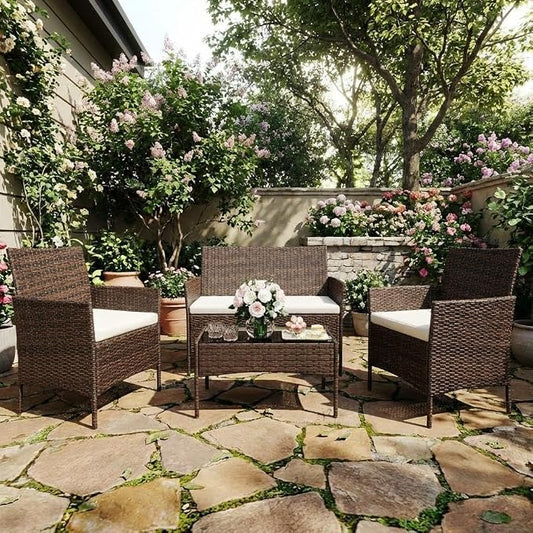 4-Piece Patio Furniture Set, Outdoor Wicker Conversation Set with Tempered Glass Coffee Table, Heavy Duty PE Rattan Sectional Sofa & Washable Cushions for Backyard, Deck, Poolside (Brown Rattan/Beige)