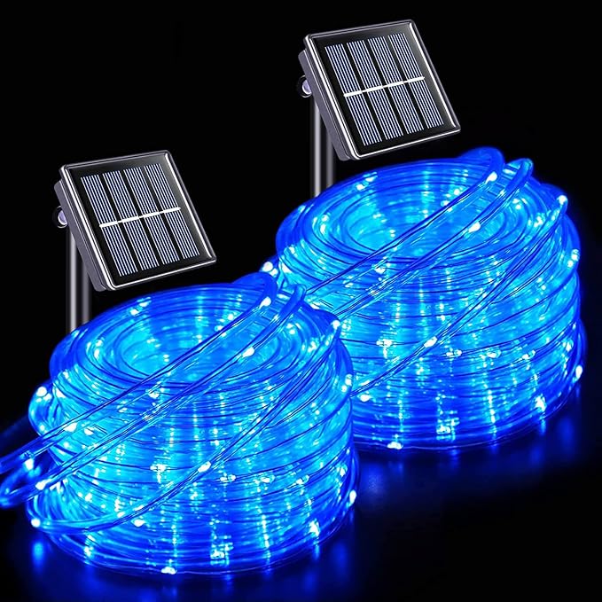 JMEXSUSS 2 * 200 LED Blue Solar Rope Lights for Pool | 66ft IP 65 Waterproof Solar String Light Outdoor, 8 Modes Christmas Lights for Camp Trampoline Ladder Slide Tent