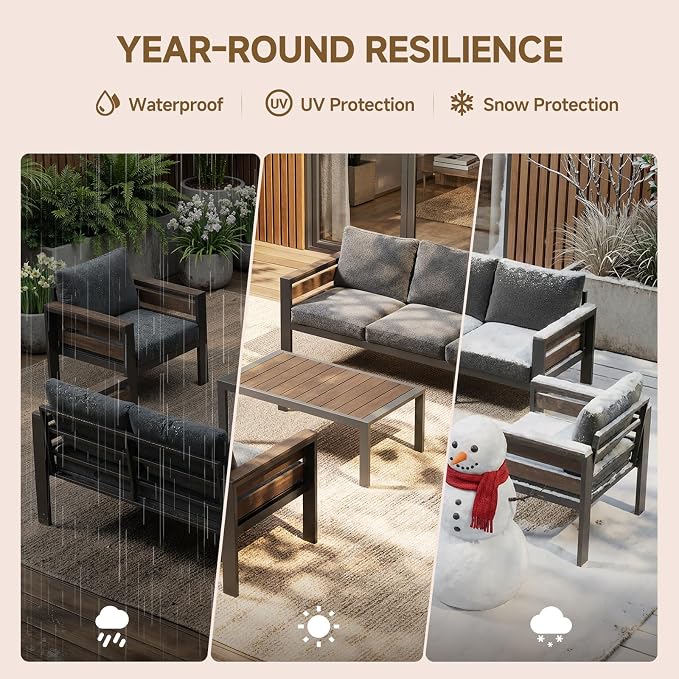 Outdoor Aluminum Patio Furniture Armchair, 2Pcs Rust-resistant Patio Conversation Armchair with Thick Washable Cushions and Coffee Table, Oversized 3.2” Widened Armrest for Backyard Porch Deck