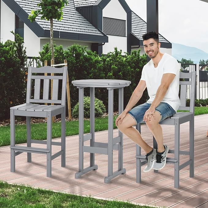 nalone Outdoor Bar Chairs and Table Set, HDPE Balcony Adirondack Chairs and Table 3 Pieces Set, Outdoor Bar Stools Set for Garden, Yard, Backyard
