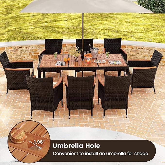 KOTEK 9 Piece Outdoor Dining Set, Wicker Patio Dining Set for 8 with Acacia Wood Table & Chairs, 1.96'' Umbrella Hole, Patio Table and Chairs Set for Backyard, Deck, Garden (Mix Brown)