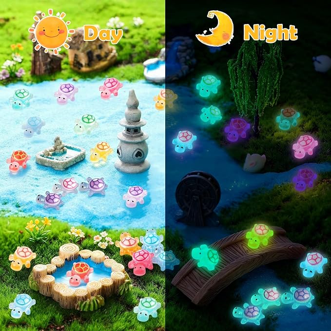 Mini Resin Turtles, Glow in The Dark Tiny Turtle Figurines, Miniature Landscape Ornaments for DIY Fairy Garden, Dollhouse, Aquarium, Fish Tank, Plant Pot Decor, Party Craft Supplies (200)