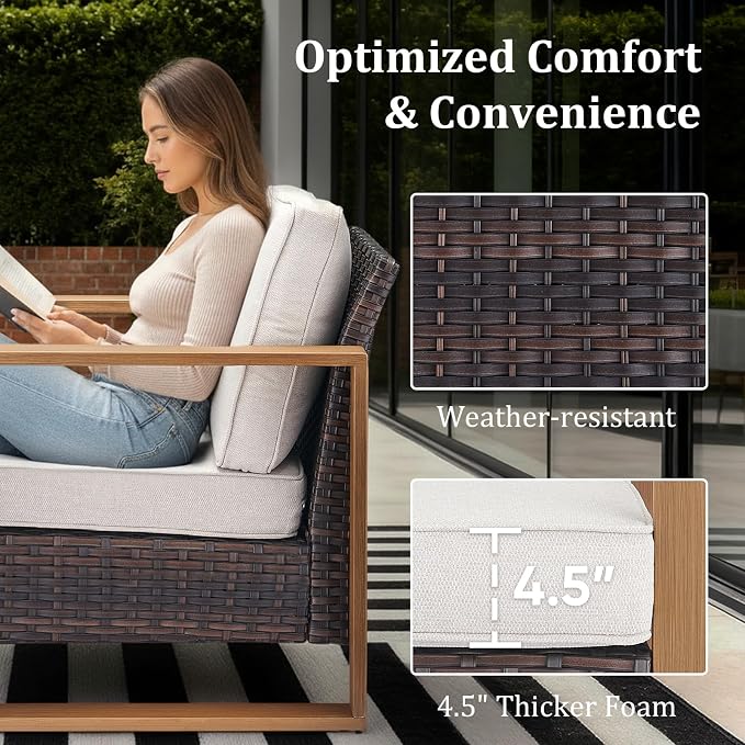 5PCS Swivel Patio Furniture Set, Outdoor Wicker Sofa and Swivel Rocker Chairs, All-Weather Conversation Set for Backyard, Deck and Poolside Beige