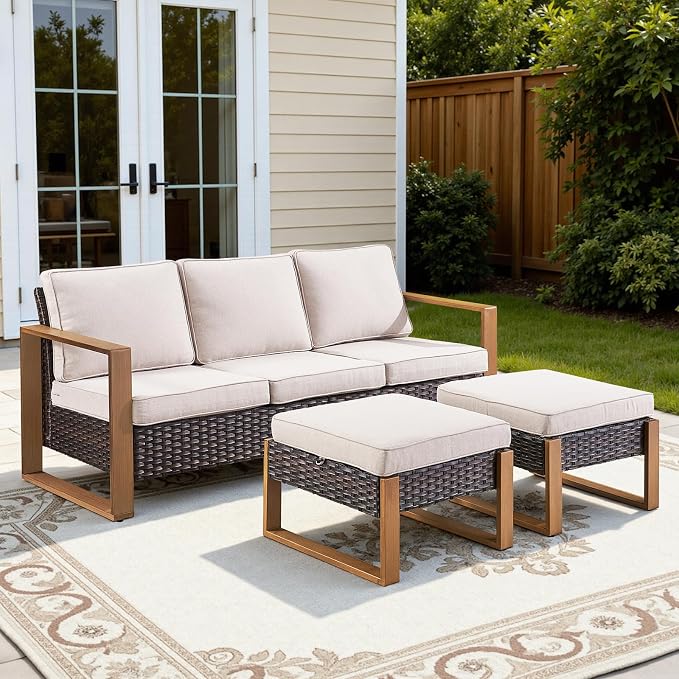 3 Pieces Patio Sofa Set with Metal Arm, High Back Wicker Sectional Outdoor Sofa with Ottomans, Outdoor Seating Furniture High Back Conversation Set for Balcony Deck Porch Backyard, Beige