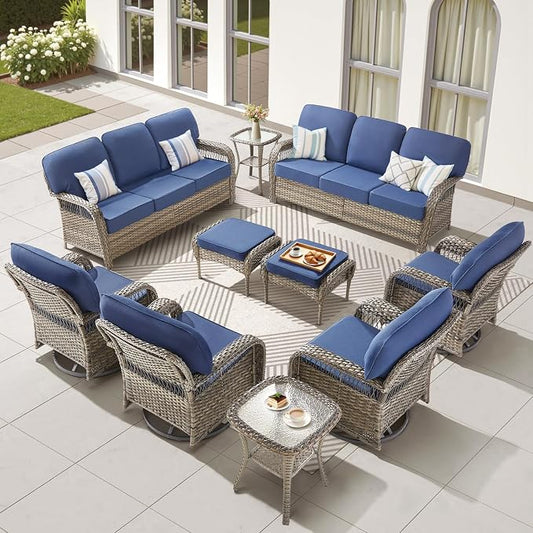 10 PCS Patio Furniture Set Outdoor Sectional Sofa Couch with Rocking Swivel Chairs 5" Deep Seat Chairs, Modern Wicker Rattan Conversation Set, Blue/Gray Wicker