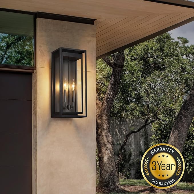 24" Outdoor Wall Lights, 2 Pack Large Size Matte Black Outdoor Sconce Lights with Clear Glass Shade, Waterproof Porch Lighting Exterior Light Fixture for Front Door, Garage