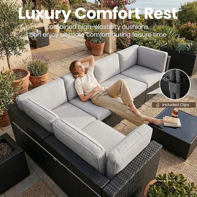 15 Pieces Patio Furniture Set with 44" Propane Gas Fire Pit Table, Outdoor Sectional Wicker Conversation Sofa Sets with Coffee Table