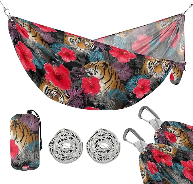 Camping Hammock Outdoor Hammocks for Outside Tiger Hibiscus Flower Beach Trees Portable Lightweight with Pockets Tree Straps Indoor