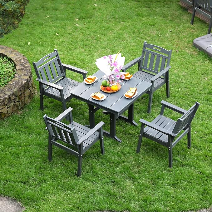 5-Pcs Outdoor Patio Dining Table Set of 5, Outdoor Patio Square 35'' Dining Table and Armchair for Lawn Garden Backyards Pool Side, Waterproof HDPE Material & 1.95'' Umbrella Hole, Gray