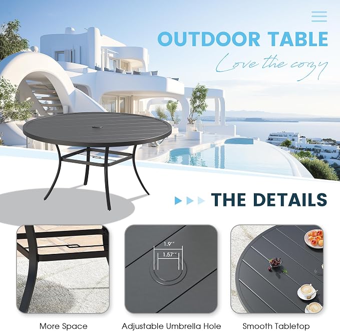9 Pieces Outdoor Patio Dining Table Set, 60" All Weather Round Metal Table with Umbrella Hole and 8 High Back Textilene Swivel Chairs for Garden, Lawn, Poolside, Black Table & Brown Chairs
