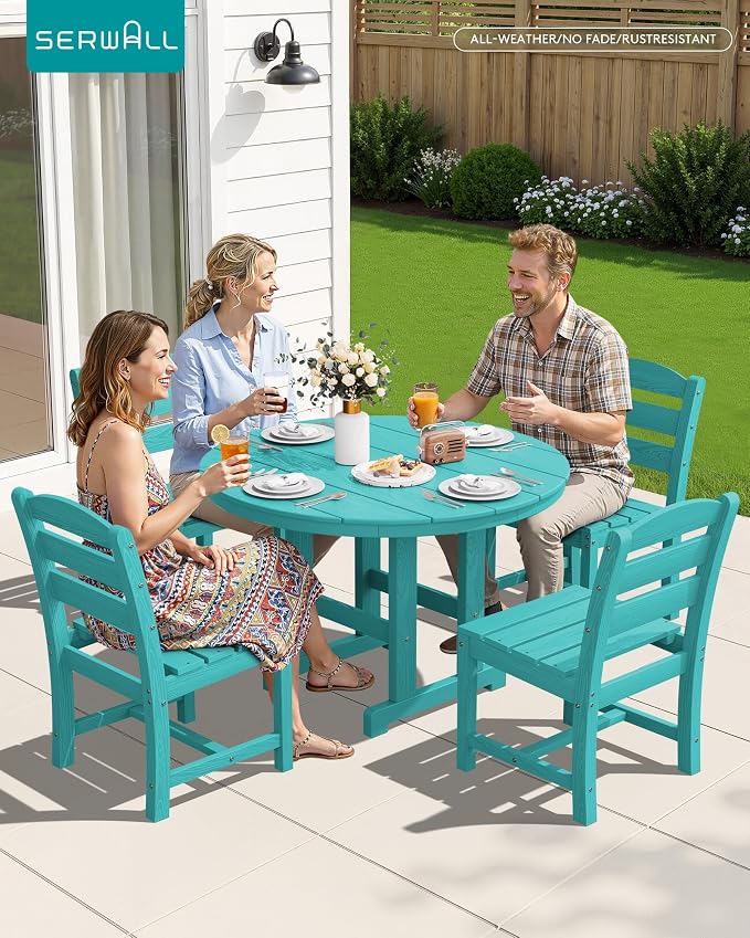 SERWALL 6-Piece Patio Dining Sets, HDPE Outdoor Table and Chairs Furniture Set with Umbrella, 45" Round Dining Table & 4 Armless Dining Chairs & 1 9FT Umbrella, Aruba(Not Include Umbrella Base)