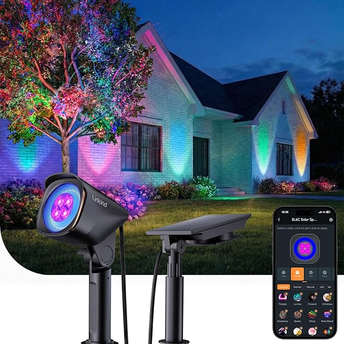 Linkind Smart Solar Lights Outdoor Waterproof SL6C,Dual Ring Tree Spotlight | Solar&USB Charging Solar Spotlights Outdoor Waterproof IP66,Color Changing Spot Light for Tree,Yard, Landscape, House, 1 Pack