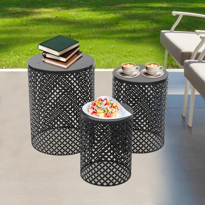 Metal Frame Accent Table,Cylindrical Outdoor Side Table,Decorative Garden Stool,Set of 3 Nesting Side Table,Modern Decorative Garden Stool for Patio Balconies Cafes Parks (3, Black)