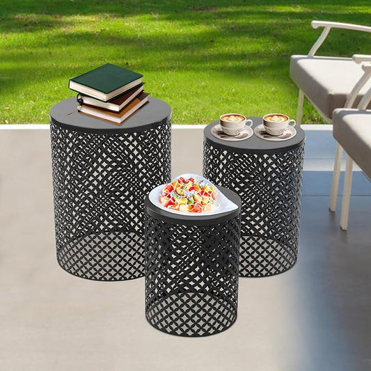 3 Piece Outdoor Coffee Table Side Table Set, Black Metal Round End Tables for Patio, Small Stackable Nesting Tables, Heavy Duty Decorative Accent Table Garden Stools for Balcony, Indoor Living Room
