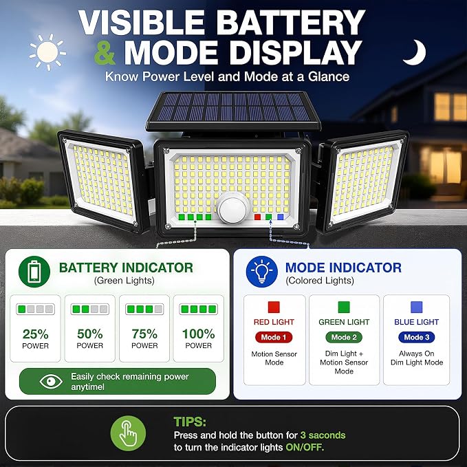 Solar Outdoor Lights Motion Sensor, 2500LM 286 LED Security Flood Lights with Visual Battery & Mode Display, 3 Lighting Modes, IP65 Waterproof 3-Head Wide Angle for Garage, Yard, Patio (4 Pack)