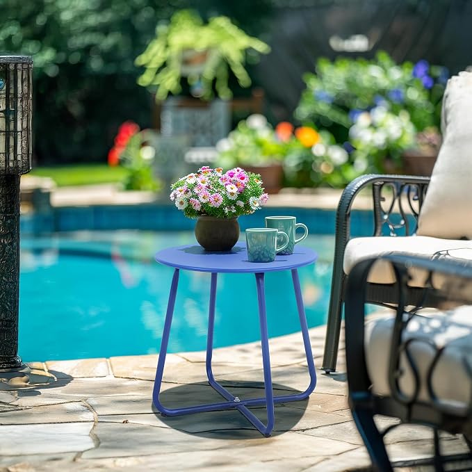 EortheX Small Round Metal Coffee Side Birstro Table – Sturdy & Weather-Resistant Accent Table for Patio, Balcony Indoor Outdoor Use - Metal Midnight Blue