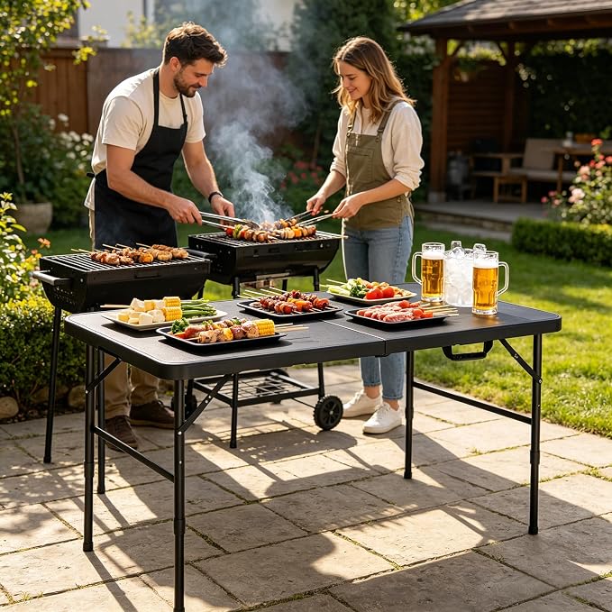 Portable Plastic Folding Table 4ft/6ft/8ft Heavy Duty White Black Picnic Dining Table Fold-in-Half for Camp Party Kitchen Indoor Outdoor