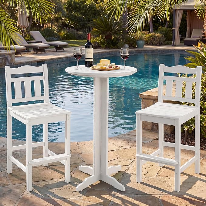Outdoor Bar Stools Set of 2, HDPE Tall Adirondack Bar Chairs 27.5 Inch Seat Height w/Backrest, All Weather Patio Bar Height Chairs for Bistro Balcony Deck Poolside (White)