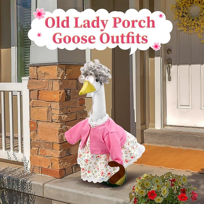 1 Set Old Lady Porch Goose Outfit for 23 Inch Goose Statues | Includes Grandma Goose Clothes with Cane, Silver Wig, Glasses and Faux Pearl Necklace for Summer Yard and Garden Displays