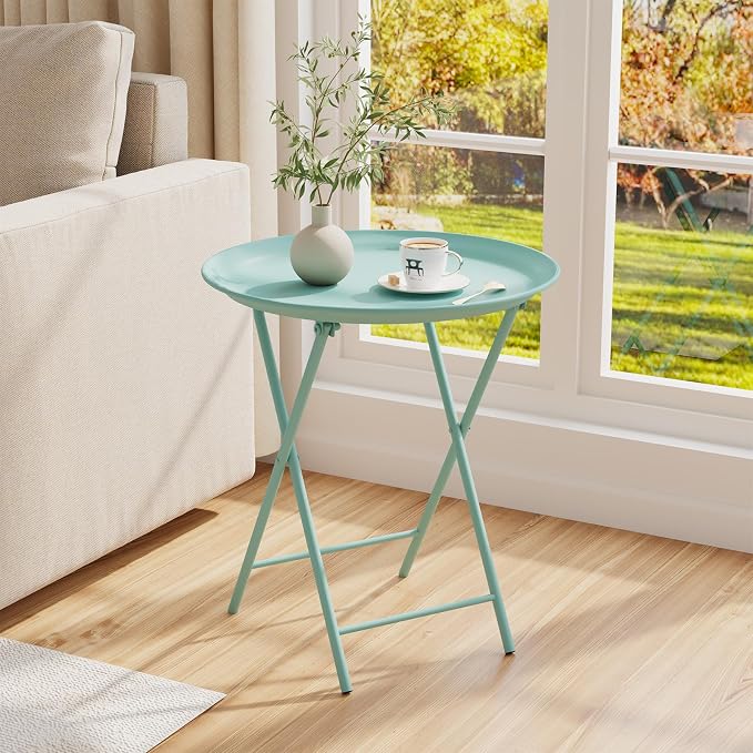 Garden 4 you Folding TV Tray Table, Metal Round Side Table, Green Dinner Table with Metal Frame, Modern Outdoor Tray Table for Living Room, Bedroom, Patio & Small Spaces, 2 Packs