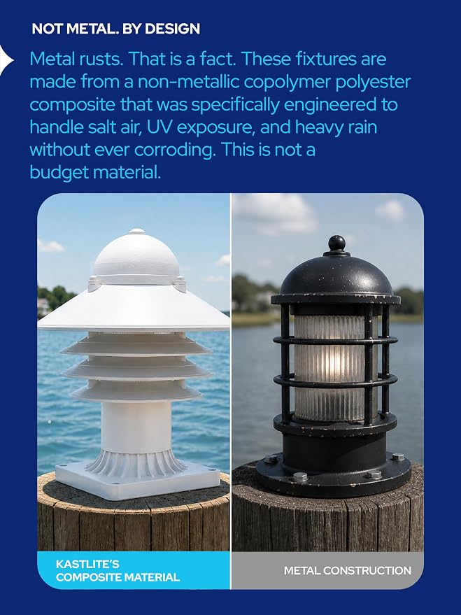 Nautical Pier Mount Outdoor Lighting - Salt-Air Tough Rust-Proof Non-Metallic Coastal Lamps - UL Listed Dock Lights - Patio Fence Deck Porch Lights Outdoor - USA Made, Short, Decorated, White | Anti-Rust Outdoor Coastal Fixture for Pathways & Walkways,...