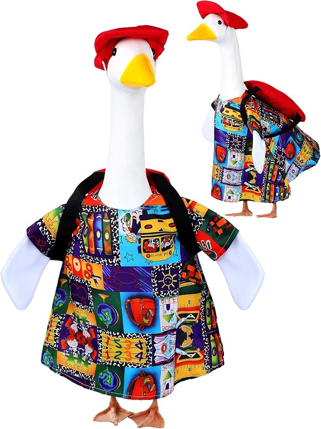 Outus Funny Back to School Porch Goose Outfits Includes Stationery Shirt, Washable Schoolbag and Hat First Day of School Classroom Goose Porch Clothing for Outdoor Garden Yard Patio Lawn Statue