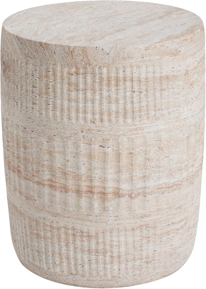 Outdoor Side Table 15" Cylindrical Shape Concrete Side Table, Patio Tables for Outside Decorative Garden Stools, No Assembly Accent Table for Patio Porch Living Room, Beige