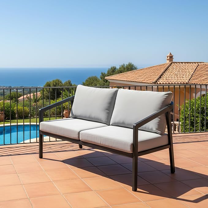 Outdoor Patio Loveseat Sofa, Aluminum 2-Seater Conversation Set with Washable Thick Cushions, Never-Rust Modern Garden Couch Bench for Porch, Poolside, Backyard (Black+Grey)