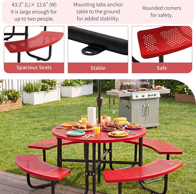 46" Outdoor Round Perforated Picnic Table Metal Camping Table with Umbrella Hole - Heavy Duty Steel Mesh Picnic Bench Set for Backyard Garden Deck, Red