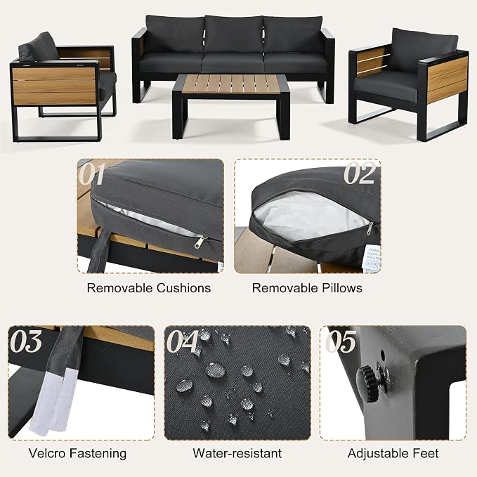 JIVOIT 4-Piece Outdoor Patio Furniture Set for 5 Person, Large Aluminum Frame Conversation Set with 3-Seater Sofa, 2 Armchairs with Fold-Out Side Tables, Modern Garden/Patio Seating, All-Weather Use