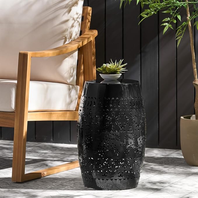 12" Outdoor Side Table, Metal Cutout Drum Side Table, Patio Garden Stool | Coffee End Tables for Small Spaces, Living Room, Backyard, Poolside