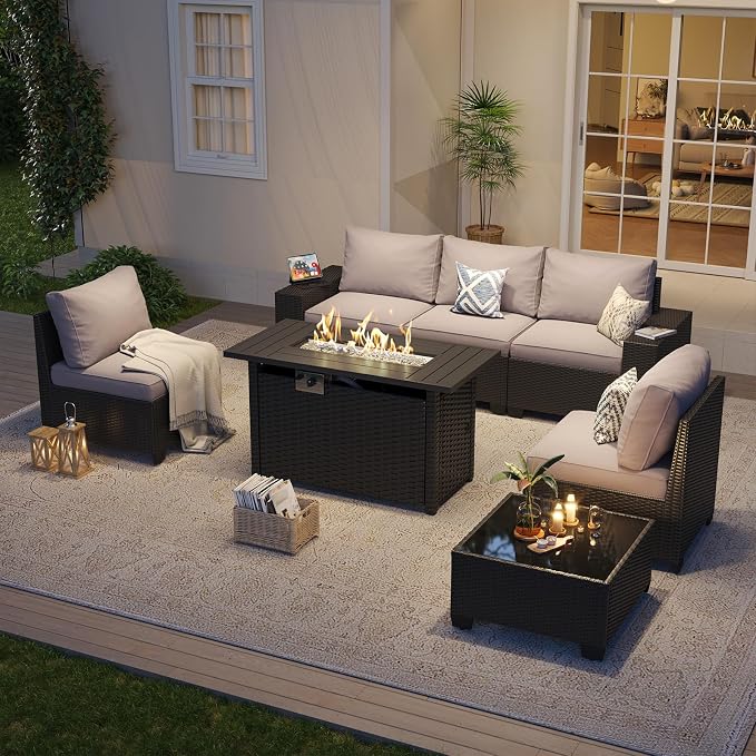 Aoxun Outdoor Patio Furniture Set with 44'' Fire Pit Table, 7 Pcs Outdoor Sectional with 4in Thicken Cushion, Widen Armrests Wicker for Backyard, Grey