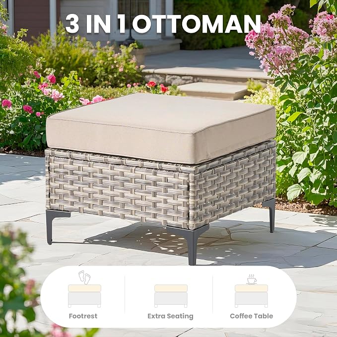 9 Pcs Patio Outdoor Furniture Set - All Weather Wicker Outdoor Sectional Sofa Couch with Swivel Fire Pit Table and Rocking Chairs e,Patio Rattan Conversation Set for Garden Deck Yard,Beige