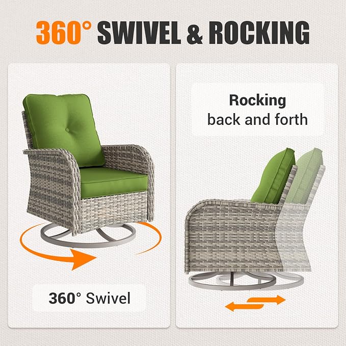 13Pcs Patio Rocking Swivel Chair with 55,000 BTU Fire Pit Table Outdoor Wicker Rattan Bistro Set with Tempered Glass Side Table, Patio Furniture Set for Garden and Balcony, Avocado Green