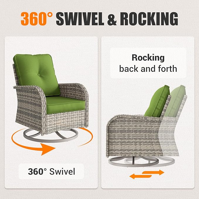 6-Piece Patio Rocking Swivel Chair Outdoor Wicker Rattan Bistro Set with Tempered Glass Side Table, Outdoor Patio Furniture Set for Garden, Deck, and Balcony, Avocado Green