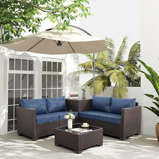 WAROOM Patio Furniture Set 4 Piece Conversation Sets Brown Rattan Outdoor Couch Loveseat Wicker Sectional Sofa with Storage Box Glass Top Table, Navy Blue Cushion