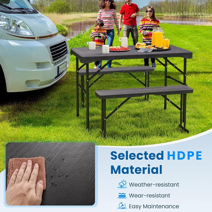 Tangkula Picnic Table with 2 Benches, 3 Piece Folding Picnic Table Set with HDPE Tabletop, Sturdy Metal Frame, 4 Person Plastic Folding Table for Indoor Outdoor Use (Black)