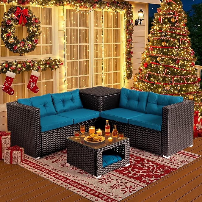 VINGLI 4 Pieces Outdoor Sectional Wicker Patio Furniture with Storage, Patio Sectional Sofa Outdoor Couch Conversation Set, Glass Top Coffee Table for Backyard, Pool, Garden(Black)