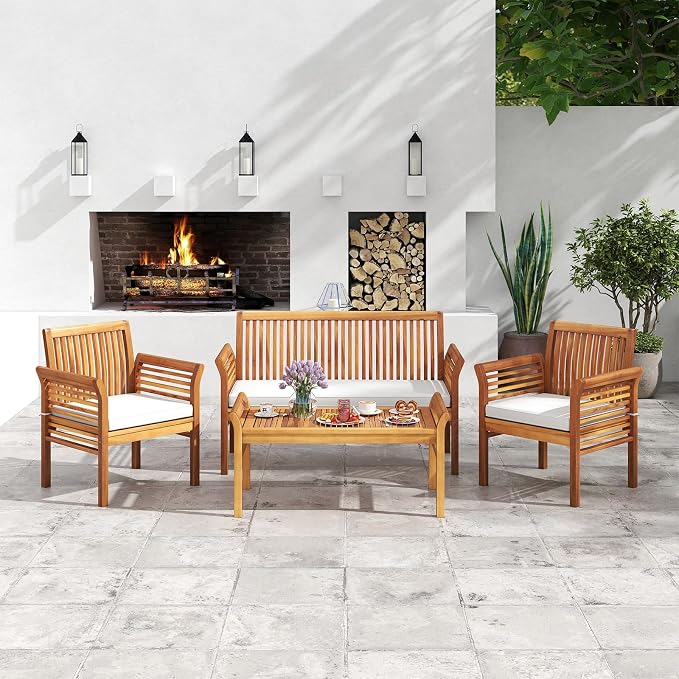 4 Piece Patio Furniture Set, Acacia Wood Sofa Set with Rectangular Coffee Table & Soft Seat Cushions, Outdoor Conversation Set for Garden, Backyard & Poolside