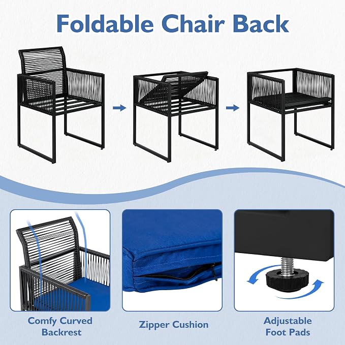 3PC Wicker Patio Dining Bistro Set for 2, All Weather Outdoor Use | Foldable Backrest, Cozy Cushions & Glass Tabletop, Space-Saving, Small Patio Set for Backyard, Balcony, Poolside, Black