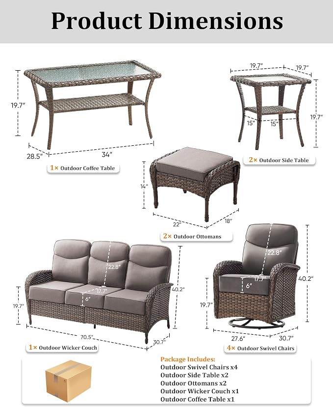 10-Piece Luxury Patio Furniture Set with 6-Inch Thick Cushions, High-Back Outdoor 4 Swivel Rocking Chairs with Wicker Coffee Table, All-Weather Conversation Set for Porch, Deck, Yard Gray