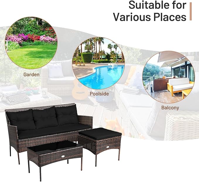 RELAX4LIFE 3 Pieces Patio Furniture Set, Rattan Wicker Sectional Conversation Sofa Set w/5 Seat & Back Cushions, Tempered Glass Coffee Table for Porch Balcony Backyard, Outdoor Furniture (Black)