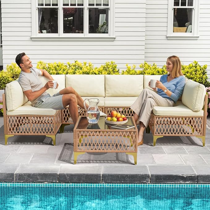 Pamapic 7-Piece Wicker Outdoor Furniture Set, Boho Sectional Sofa Patio Conversation Set with Washable Cushions & Glass Coffee Table, All-Weather Patio Furniture Set for Backyard, Porch, Cream