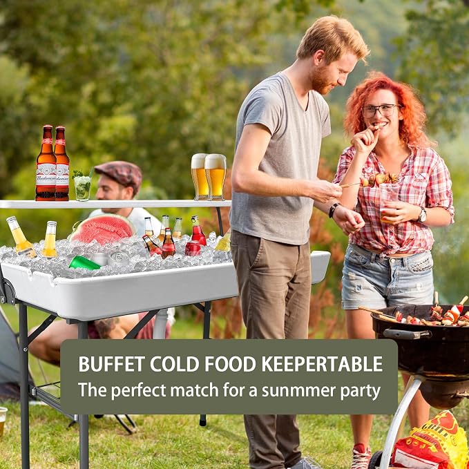 2 Tiers Portable Folding ice Cooler Table with Storage Rack & Drain Hose, Perfect Picnic Table for Camping, Beach, Backyard Parties, Weddings, Events, White