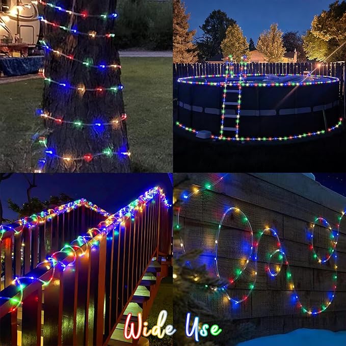 QITONG Multicolor Trampoline Lights, 66ft 200 LED Solar Rope Lights Outdoor Waterproof, Fairy Lights in Clear Thin Tube with 8 Modes